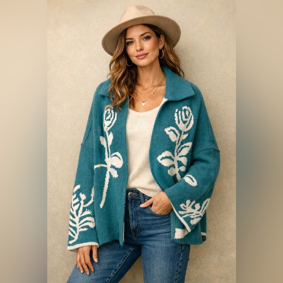 Anthropologie Sweaters - Teal Floral Open-Front Cardigan Sweater - Brand